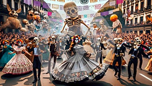 A vibrant Day of the Dead street parade celebration.