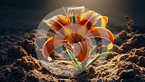 Vibrant daylily under intense sun, with a praying mantis blending in on its stem. photo