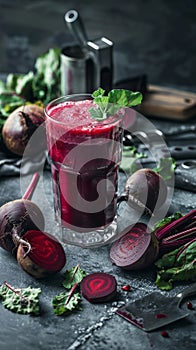 A vibrant, deep-red beet smoothie is the focal point of this image, surrounded by freshly sliced beets and lush green