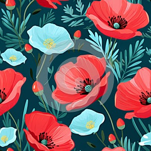 Vibrant and delicate poppy flower blooms seamless pattern in top view for creative designs