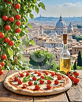 Vibrant delicious looking italian pizza served with red wine and rome background