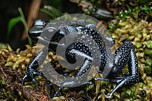 Vibrant dendrobates tinctorius azureus dart frog close up perched on lush green moss