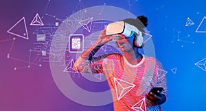 A person exploring virtual reality technology with a headset, representing the intersection of artificial intelligence