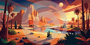 Vibrant Desert Landscape with River and Palm Trees at Sunset