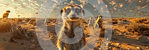 Vibrant desert scene meerkat colony vigilantly standing tall among pastel tones