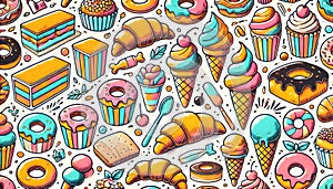 Vibrant dessert sticker collection featuring cupcakes, donuts, croissants, and ice cream in colorful designs, ideal for bakery photo