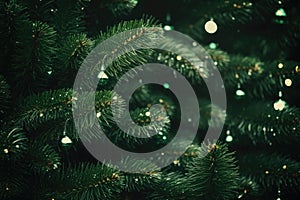 A vibrant, detailed close-up image of a green Christmas tree, showcasing its intricate branches and ornaments, Macro christmas