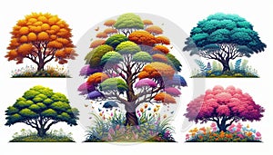 Vibrant Illustration of Diverse Tree Species, Each Isolated on Clean White Background for Architecture photo