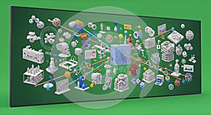 Innovative Technology and Data Visualization Illustration on Green Background