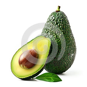 A vibrant and detailed image of a fresh avocado cut in half, showcasing the creamy texture and the glossy seed, with a green leaf