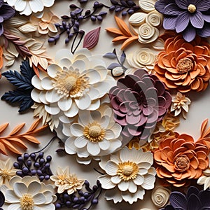 Vibrant And Detailed Paper Flowers In Colorful Woodcarving Style