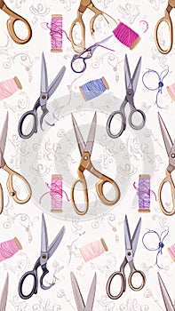 Scissors and Thread Spools - A Colorful Sewing Pattern Design