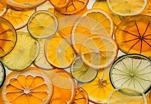 A vibrant and detailed photograph of dried orange slices, lemon petals, lime, mandarin slices, and lemon slices, arranged in an