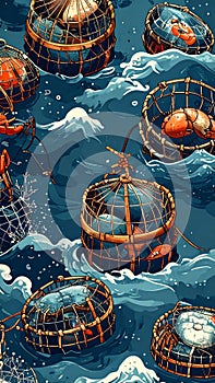 Lobster Traps in Ocean Waves Seamless Pattern