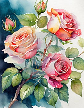 A vibrant and detailed watercolor painting of roses