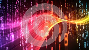 A vibrant digital abstract design featuring flowing lines and binary code elements