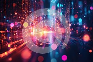 Vibrant digital abstraction with colorful lights and binary code in a dynamic motion blur effect