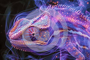 Vibrant Digital Art of Chameleon with Cosmic Patterns and Neon Lights on Dark Background