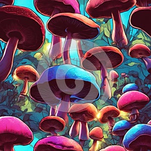 Vibrant digital art of a mystical mushroom forest with a mesmerizing array of colors
