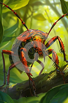 Vibrant Digital Art of an Orange Mechanical Insect in a Lush Green Jungle Environment