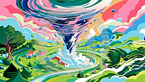 Vibrant Digital Art of a Whimsical Tornado over Colorful Landscape