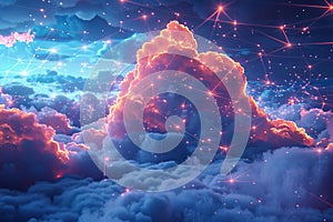 Ethereal cloudscape with network connection lines
