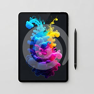 Vibrant digital artwork displayed on a tablet with stylus