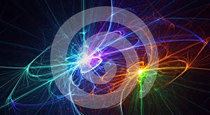 Vibrant digital artwork featuring a dynamic array of interconnected neon lines and