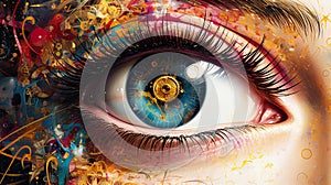 Vibrant digital artwork of a human eye with intricate steampunk elements and lively splashes of color, merging realism