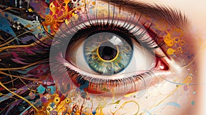 Vibrant digital artwork of a human eye with intricate steampunk elements and lively splashes of color, merging realism