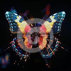 Vibrant, digital butterfly emerges from darkness, symbolizing hope and transformation