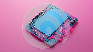 Vibrant Digital Circuit with Flowing Data Lines on Pink Background