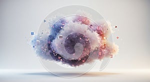 Vibrant digital cloud explosion with floating geometry