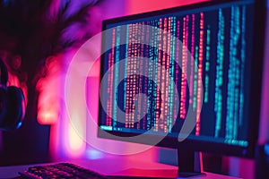 Vibrant Digital Code Display on Computer Screen in Neon Lights