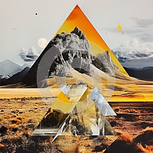 Vibrant Digital Collage Of Mountains, Bird, And Pyramid In Amber And Silver