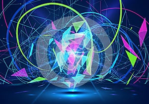 A vibrant digital composition featuring an array of triangular and