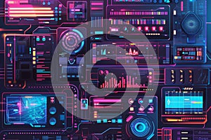 This vibrant digital dashboard features neon elements and various data visualizations,