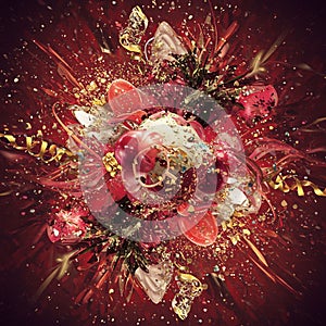 A vibrant digital explosion of abstract elements featuring dynamic swirls of red, gold,