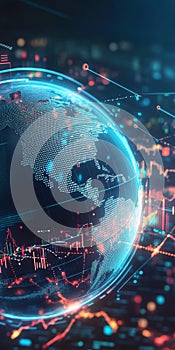 Vibrant Digital Globe Surrounded by Data Analytics and Financial Graphs Representing Global Trends