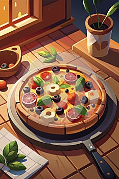 Vibrant Digital Illustration of Fresh Homemade Pizza on Wooden Table