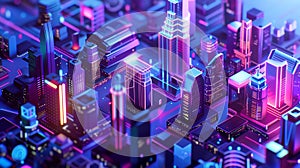 Vibrant digital illustration of a futuristic smart city with hightech infrastructure and glowing neon lights on a