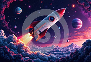 A vibrant digital illustration of a rocket launching into space with planets and