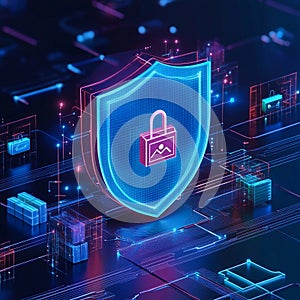 Digital security shield with padlock symbolizing online protection and data security in modern technology