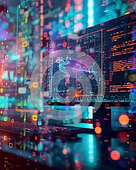 vibrant digital interface displaying global data analytics and trends, showcasing technology and innovation in modern workspace