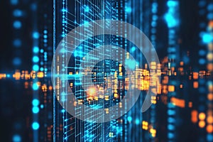 Visual representation of a digital landscape with glowing blue and orange elements