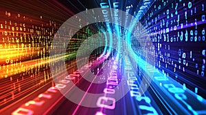 A vibrant digital landscape with flowing binary code representing data movement