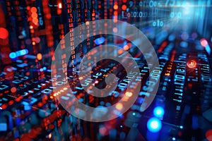 Vibrant digital matrix showcasing streams of data and binary code flowing through a futuristic virtual space