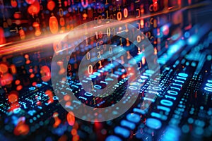 Vibrant digital matrix showcasing streams of data and binary code flowing through a futuristic virtual space