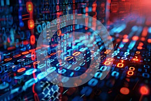 Vibrant digital matrix showcasing streams of data and binary code flowing through a futuristic virtual space