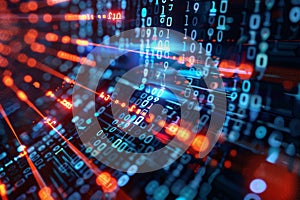 Vibrant digital matrix showcasing streams of data and binary code flowing through a futuristic virtual space